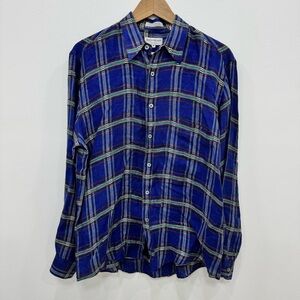 Vintage Yves Saint Laurent long Sleeve Plaid Button Down Shirt 100% cotton Blue